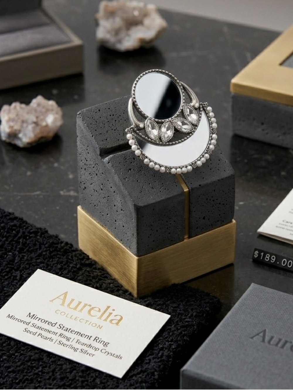 Mirror Statement Ring in Silver with Pearls